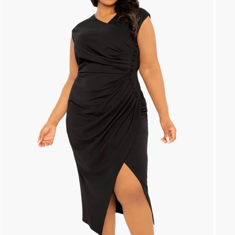 Buxom Black Asymmetrical Draped Dress